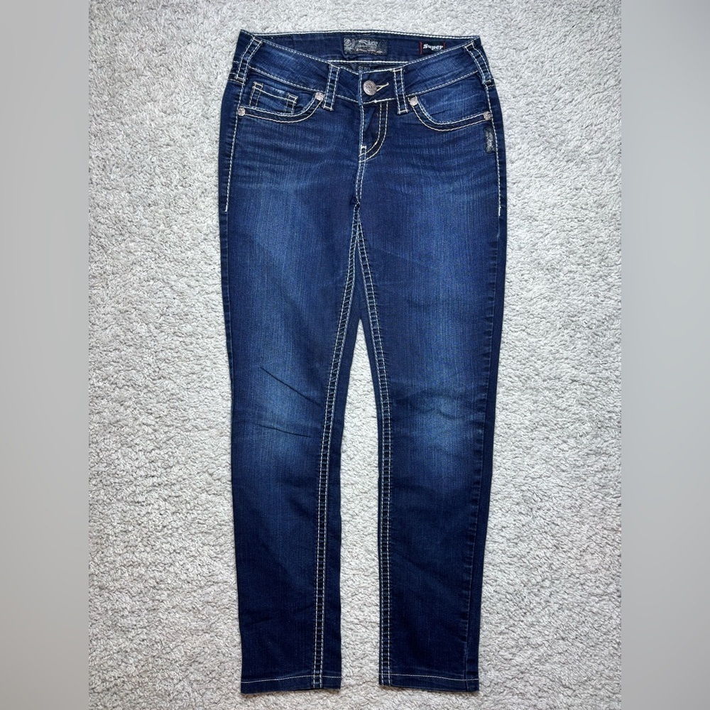 Silver Jeans Womens 26 Suki Super Stretch Mid Rise Skinny Dark Wash Big Stitch
